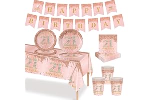 MORAINJAY 70P 21st Birthday Tableware Rose Gold, Birthday Table Decoration Set for 16 Guests