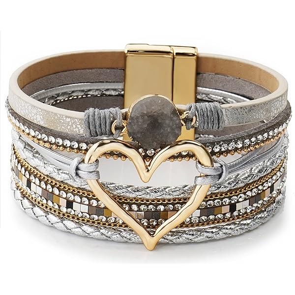Cupimatch Bracciale Donna Magnetico Boho Multi-Wrap in Zirconi Lucidi Braccialetto Regalo Lega Ragazza Moglie,Colore Grigio