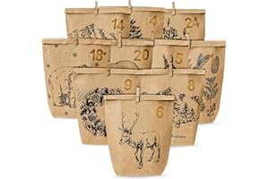 JSDOIN Calendrier de l'Avent à remplir 2025-24 sacsSachets en Papier cadeaux et l'Avent Sachets en Papier, Noël pour travaux manuels (avec pinces en bois)