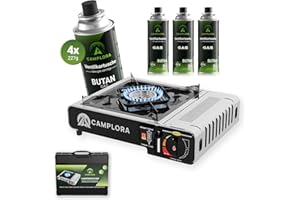 CAMPLORA Hornillo de gas + 4 cartuchos de gas + maletín de transporte con encendido piezoeléctrico – Hornillo de camping 2,2 kW – Incluye apagado de seguridad – Hornillo de gas Camping Camping Cocina