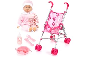 BAYER DESIGN Bayer Pink Dolls Stroller - Doll and Pram Set for 2 Year Old with Soft, Cuddly Baby Dolly 36 cm & Feeding Baby Doll Accessories - My First Foldable Dolls Pushchair, Toy Buggy for Girls, Toddler, Kids