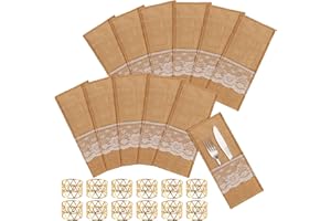BUBUYUN 24 Stück Jute Bestecktaschen Besteckbeutel Sackleinen mit Spitze Besteckhalter Besteckständer Messer und Gabeln Besteck Tasche Utensilienhalter mit Metall Gold Serviettenschnallen Vintage Tischdeko