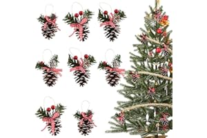 FainFun ozdoby choinkowe, 8 sztuk 6 x 5 cm, dekoracyjne szyszki choinkowe, duże szyszki jodłowe, dekoracja ze śniegiem, czerwonymi jagodami, liśćmi, na choinkę, imprezę