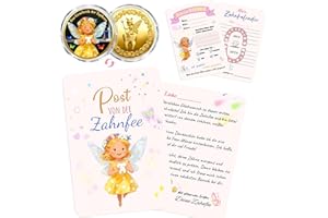 GEVECORI Zahnfee Geschenk Kinder, Goldene Glücksmünze Münze mit Zahnfee Brief + Zahnprotokoll + Zahnfee Urkunde + Umschlag + Garnbeutel, Zahnfee Münzen Geschenkset für Mädchen & Jungen