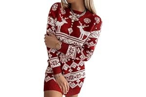 Loalirando Abito a Maglia Donna Natalizo, Vestito Donna Invernale Elegante Slim Fit Stampa a Cervo Natale Maglione Lungo Regalo di Natale S-XXL