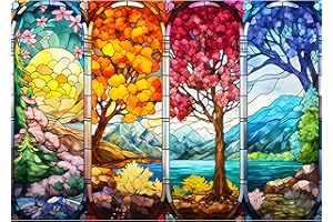Bowetile 5D Vitrail Diamond Painting, Kit Complet DIY Paysage Diamant Painting, Peinture Diamant Adulte Arbre de Vie, Point de Croix Strass Cristal Quatre Saisons Pour Décoration Murale 40x30 cm