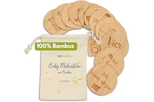 MYBAMBOO Meilensteinkarten Baby Bambus Holz - 24 Meilensteine auf edlen Bambusscheiben als Geschenk zur Babyparty für Schwangere Mütter, werdende Eltern.