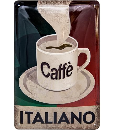 Plaque Métal Décorative Cafe Italiano 20x30 Cm - Tôle Acier Incurvée, Coins Arrondis, 4 Trous De Fixation