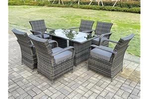 GENERIC FMSGarden Rattan Garden Furniture Dining Set Table Rectangular And Chairs Wicker Patio Outdoor 6 Chairs Grey