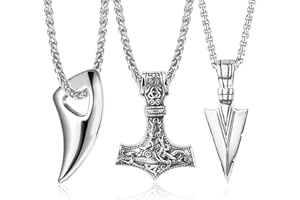JeweBella 3 szt. Naszyjnik z młotem Thora Mjolnir ze stali nierdzewnej Mjolnir Wolf Ząb Amulet Chain Chain Srebrny/Czarny Nordic Viking Runa Naszyjnik Mężczyźni Biżuteria Prezent