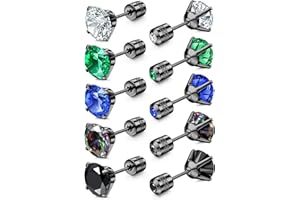 JeryWe 5 pares de pendientes de acero inoxidable quirúrgico atornillados titanio para mujeres y hombres, arco iris 5A Cubic Zirconia Studs Double Side Earrings Piercing Sleeper Studs Jewelry