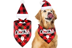 XUNIEA Set di Cappello e Bandana di Natale per Cani Bavaglini Triangolari Sciarpa Scozzese di Bufalo per Cani con Cappello di Babbo Natale per Gatti Accessori Natalizi per Cuccioli (Nero Rosso)