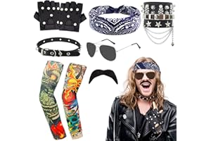 HEAWAA 10PCS Deguisements Rock Accessoires,Accessoires de Costume Rock avec Bandana Manches Couvre Gants Bracelet Lunettes Moustacheet Tour de Cou Anneaux pour Femmes Hommes Fête des Années 70 80