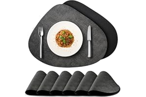 Oinvs Placemats Set of 6 Washable，Teardrop Faux Leather Placemats, Double Sided Placemat Durable, Dirt and Heat Resistant, Placemats For Indoor and Outdoor Use（Black+Light Grey）