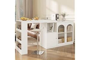 Merax 360° swivelling 3 Tier Dining Bar table, with storage cabinet with glass door, Extendable Table, for Kitchen, Dining Room, Living Room, White/Main Body 120 x 40 x 97 cm