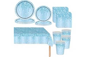 MIENOCOL Hellblau Partygeschirr,81 Stück Baby Blau Diamant Pappteller Set Pappteller, Pappbecher,Servietten und Tischdecke,Bling Hellblau Geburtstag Party Geschirr Tischdekoration für Hochzeitsfeiern