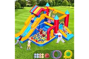 Chateau Gonflable Exterieur, FOOING Maison Gonflable 9 en 1 avec Soufflerie Air, Trampoline pour Enfant, Toboggan, Panier Basket, Coussin Gonflable, Intérieur Maison Gonflable pour Fêe Anniversaire
