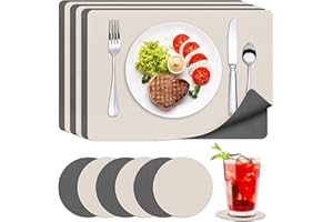 innislink Tischset Leder, 6er Platzsets Abwaschbar mit Untersetzer rutschfest Platzdeckchen Doppelseitigen Tischsets, PU Kunstleder Hitzebeständig für Küche Hause Restaurant - 43x30cm, Beige Grau
