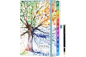 ZXHQ 2026 Diary A5 Week to View, Jan - Dec, 2026 Full Year Weekly and Monthly Planner, Colorful Tabs, UK Holiday, with Pen, Inner Pocket - Tree of Life