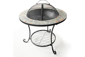 Rammento Steel Fire Pit on Legs with Mosaic Stone Finish | Extra Large 58cm Diameter Powder-Coated Outdoor Garden & Patio Brazier Chimenea | Table Camp Fire/Bonfire Pit for Warmth & Ambiance