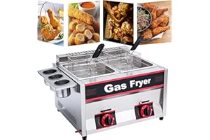 XINGG Commercial Gas Fryer, LPG Countertop Gas Fryer, Stainless Steel, 22L Large Capacity Dual Fryer, With Removable Baskets, Adjustable Firepower, Easy Clean