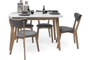 Homely - Conjunto de Comedor de diseño nórdico MELAKA Mesa Extensible de Color Roble y Blanco, de 120/160x80 cm + 4 sillas MELAKA tapizadas Color Roble y Gris