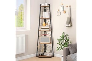 DWVO Corner Shelf 5 Tiers, Corner Bookshelf with Metal Frame, Industrial Ladder Bookcase Floorstanding Display Shelf Tall Storage Rack for Living Room Kitchen Bedroom, Rustic Brown Book Shelves