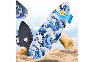 NINJABALANCE Ninja Balance Board + Cork Roll, Ball, Bag - Balance Trainer for Children & Adults 100% Wood in Rocker Shape - Indoor Surfing Board Fitness | Trickboard for Core Training + App