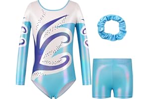 Valcatch Girls Gymnastics Leotards Three-Piece Gymnastics Set Long Sleeve/Sleeve Leotards with Shorts and Hairband Sparkling Ballet Dancing Unitards Athletic Outfit 5 6 7 8 9 10 11 12 Years