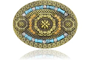 Yjfeshion Oval Long Horn Bull Skull Belt Buckle Native American Vintage Turquoise Wooden Beads Western Cowboy Buckles for Men Gift