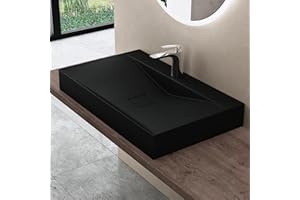 doporro Vasque à Poser 80cm avec Bonde Lavabo Suspendu Noir Mat Colossum810 Fonte Minérale Solid Surface 80x48x12cm