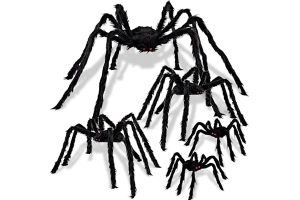 JOYIN 5-pack halloweendekorationer utomhus gigantiska spindlar, stor svart hårig spindelset med olika storlekar för halloween utomhusdekor, gräsmatta, gård, inomhusdekoration (89 cm, 76 cm, 61 cm, 50