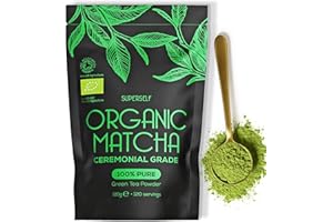 SuperSelf Organic Matcha Powder - Ceremonial Grade & 100% Pure - Smooth Taste & Vibrant Green - Macha for Straight Tea, Lattes, Baking - Certified Organic - Japanese Stone Ground Method - Large 120g