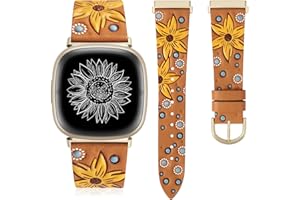 Minyee Leather Band Compatible with Fitbit Versa 4/Versa 3/Fitbit Sense 2/Sense Band Women, Boho Western Embossed Sunflower Floral Designer Cute Fancy Slim Thin Leather Strap for Versa 4 Smartwatch