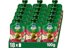 Hero Solo - Gourde Bio De Pomme, Fraises, Banane et Mirtylles- Puree de Fruits BIO 100% Naturels, Compote Sans Sucre Ajouté - pour Bébés Dès 4 Mois - Lot de 18 x 100 g
