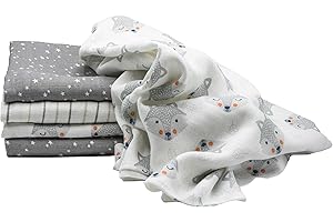 CLEVERE KIDS BABY-COLLECTION Clevere Kids V0 Lot de 5 Langes en Mousseline, Gris Clair, 70 x 80 cm, doublement tissés, certifiés Oeko-Tex, Motif de Renard, étoiles et Rayures