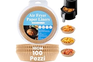 BISNIE 100 Pezzi Carta Forno Per Friggitrice Ad Aria, Teglie Per Friggitrice Ad Aria Rotondo, Antigrasso Antiaderente Fodera in Carta Monouso per 2.6-4.7L Air Fryer, Forno, Padelle, Microonde(16cm)