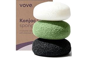 Vove Organic Konjac Facial Sponges, Pack of 3 - Exfoliating Face Sponges with Bamboo Charcoal & Green Clay, Gentle for All Skin Types, Natural Vegan Skincare, Certified Organic