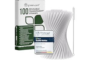 Greenland – 100 Pailles Transparentes Réutilisables avec Brosse – 21 cm de long, 6 mm de diamètre – Idéales pour les cocktails, le lait, les jus et le thé