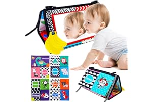 ‎AUEZONA Juguete Montessori con espejo para bebé con libro, espejo para bebé de tela arrugada y anillo de dentición, libro para bebé de color animal, juguetes de aprendizaje temprano para bebés de 0 a 6 meses