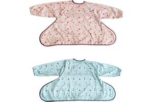 Tidy Tot®™ Cover & Catch™ Pack Duo. 2 Bavoir Manches Longues pour Bébé. Se Fixe sur les Chaises Hautes. Tablier Imperméable pour L'alimentation des Bébés. Bavoirs DME. Sac de Voyage Inclus.