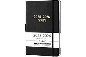 BOOQOOL 2025 2026 Agenda - Agenda 2025 2026 Día Por Página, Productividad Diaria A5 de Julio 2025 a Junio 2026, con etiqueta mensual, bolsillo interior, azul, diadema, 14,3 x 21 cm