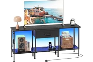 OYRREU LED TV Stand Unit for 50 55 Inch TV, TV Cabinet with Fabric Drawer & Charge Station, LED Lighting Gaming Entertainment Center TV Console with Open Shelves for Living Room Bedroom Black 120cm