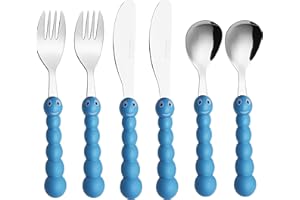 EXZACT Kinderbesteck 6 teiliges Edelstahl - Spülmaschinengeeignet -Kinderbesteckset ab 2 Jahre - 2 x Gabeln, 2 x Sicherheitsmesser, 2 x Esslöffel (Raupe x 6)