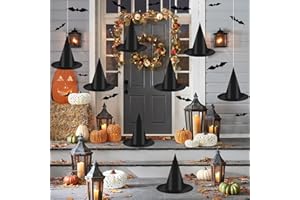 Beanumerous 12 PCS Black Witch Hat with Hanging Rope, 16 PCS 3D Bats Stickers for Halloween Indoor Outdoor Yard Decor Party Decorations, Wizard Costume for Women Girls Kids