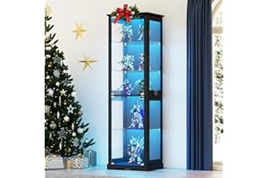 OUTDOOR DOIT 71" Display Cabinets with LED lights for Collectiblesbb,books,toys,5-Tier Tall Bookcase with Glass Doors & Human Sensor for Living Room,Bedroom,black