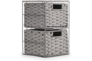 EHC Drawers Storage Unit Baskets, 2 Drawer Wicker Hand-Woven Storage boxes Shelves, Ideal For Organising Home or Office - Grey 20 x 22 x 33 cm