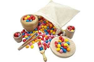 ‎GERILEO Küchenzubehör-Set aus Holz – Montessori Transfers – Waldorf - Heuristisches Set – Enthält Zange, Löffel, Teller, Becher, Mörser und Stoffbeutel (7 Stück)