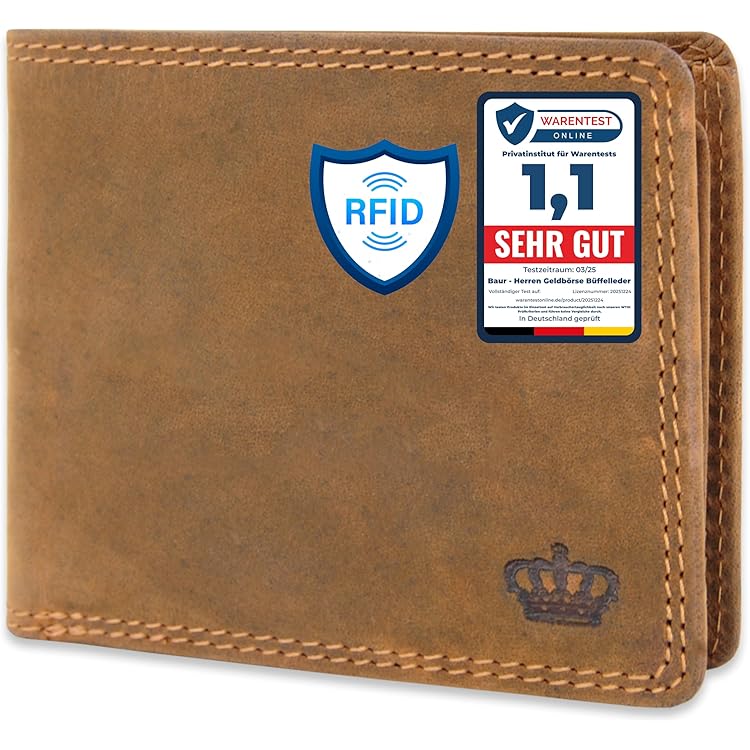 Baur Portemonnee voor heren, echt leer, portemonnee met RFID-bescherming, portemonnee, liggend formaat, portemonnee met muntvak en kaartvakken, camel, 9.4 cm x 12.6 cm x 2 cm