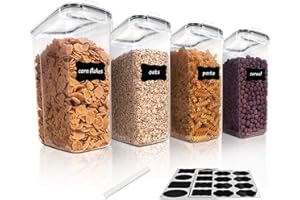 Vtopmart 4 PCS 4L Cereal Container Set, BPA Free Plastic Airtight Food Storage Container for Snacks and Sugar, Cereal Dispensers with 24 Chalkboard Labels, Black